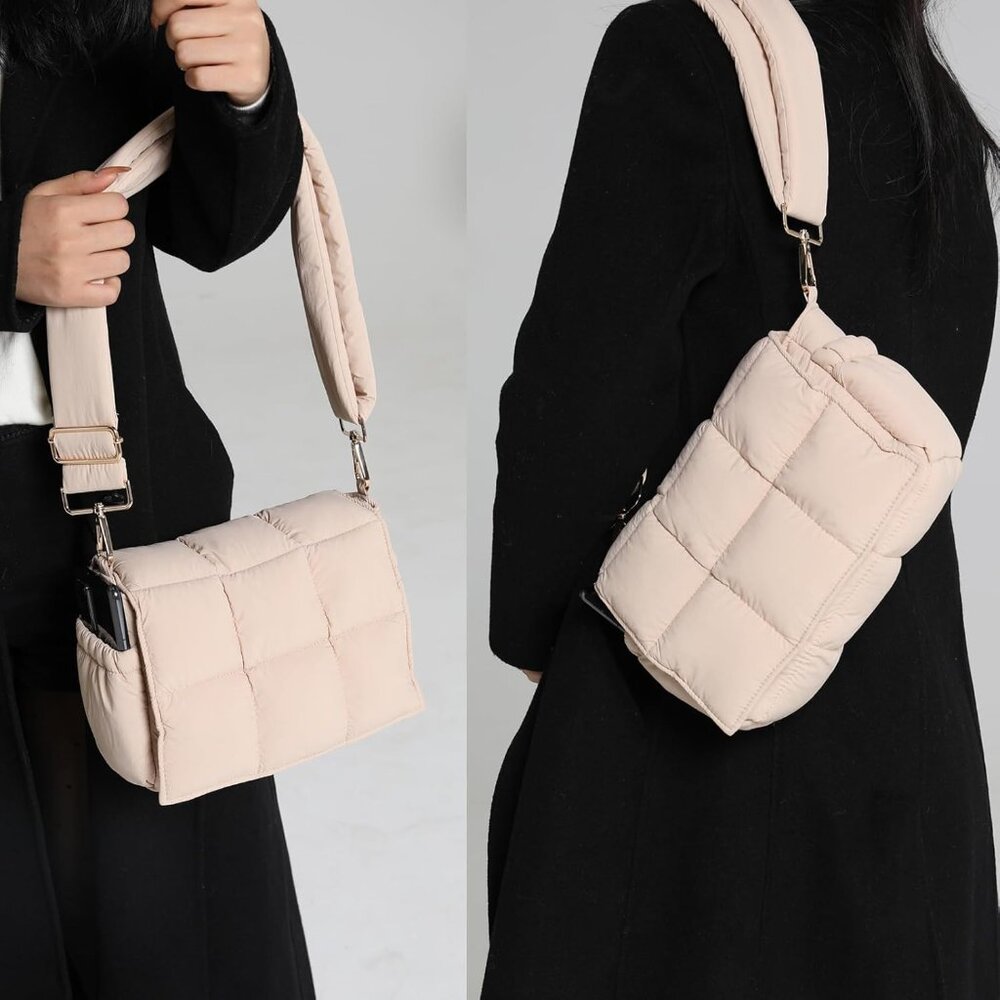 Women's Beige Quilted Puffer Purse Fashion Lightweight Travel Cross Body Handbag - Picture 4 of 6
